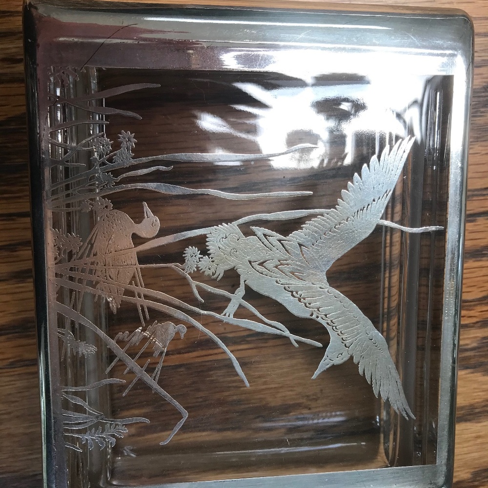 STUNNING Silver inlaid glass box and ashtray